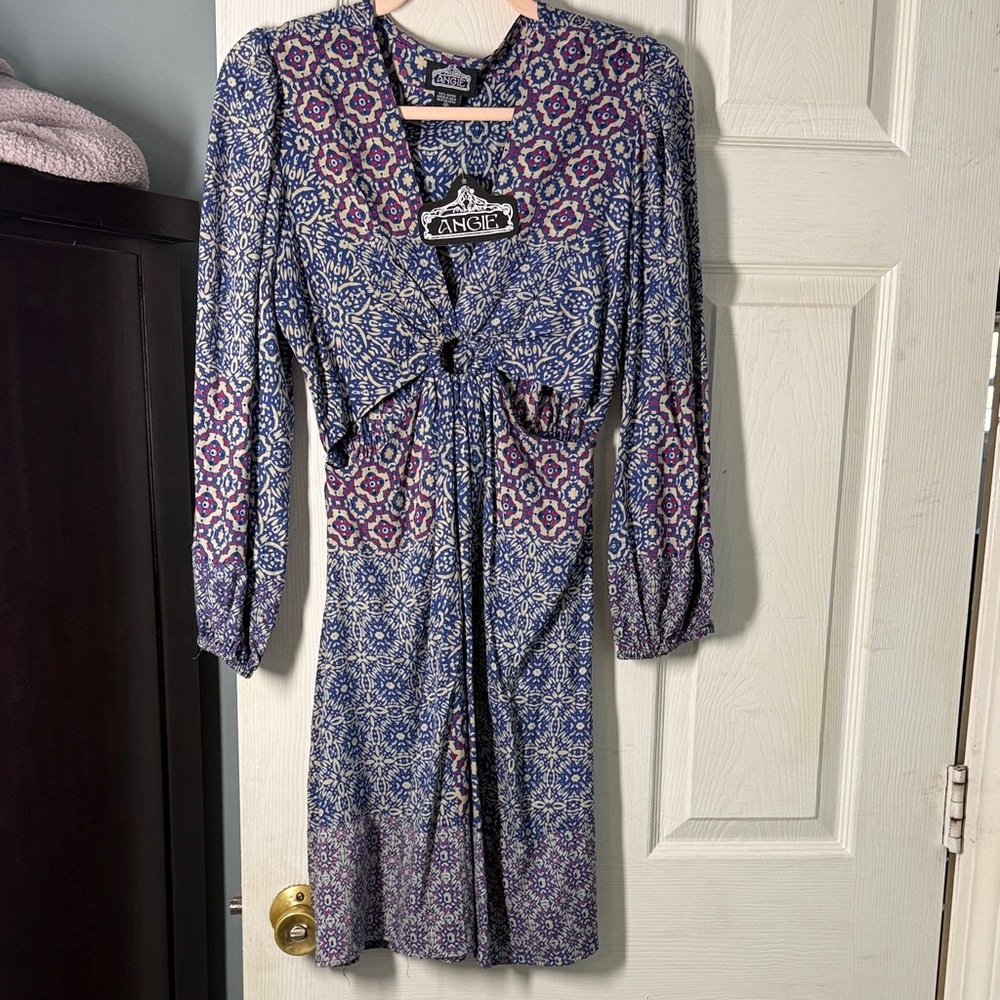 NWT Angie Blue and Purple Printed Long Sleeve Tie-Front Dress